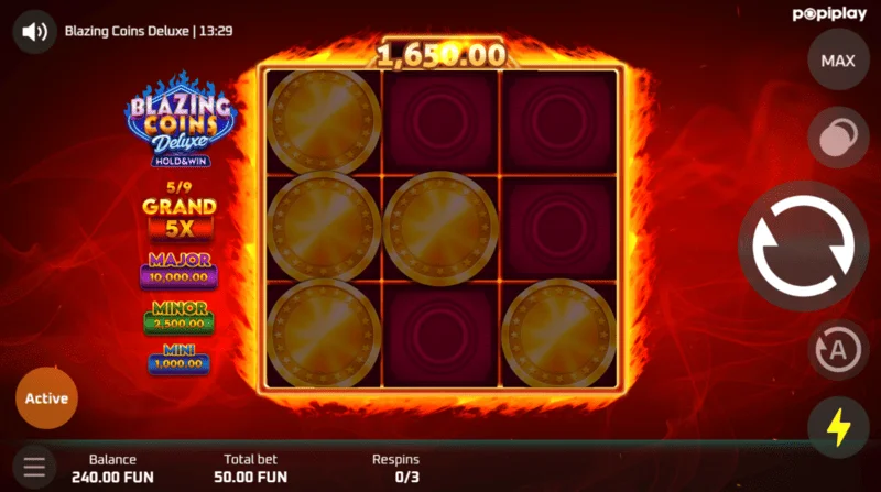 Blazing Coins Deluxe endurspilun spilaskjár