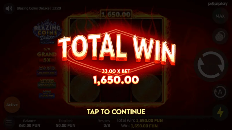 Blazing Coins Deluxe endurspilun heildarvinningur